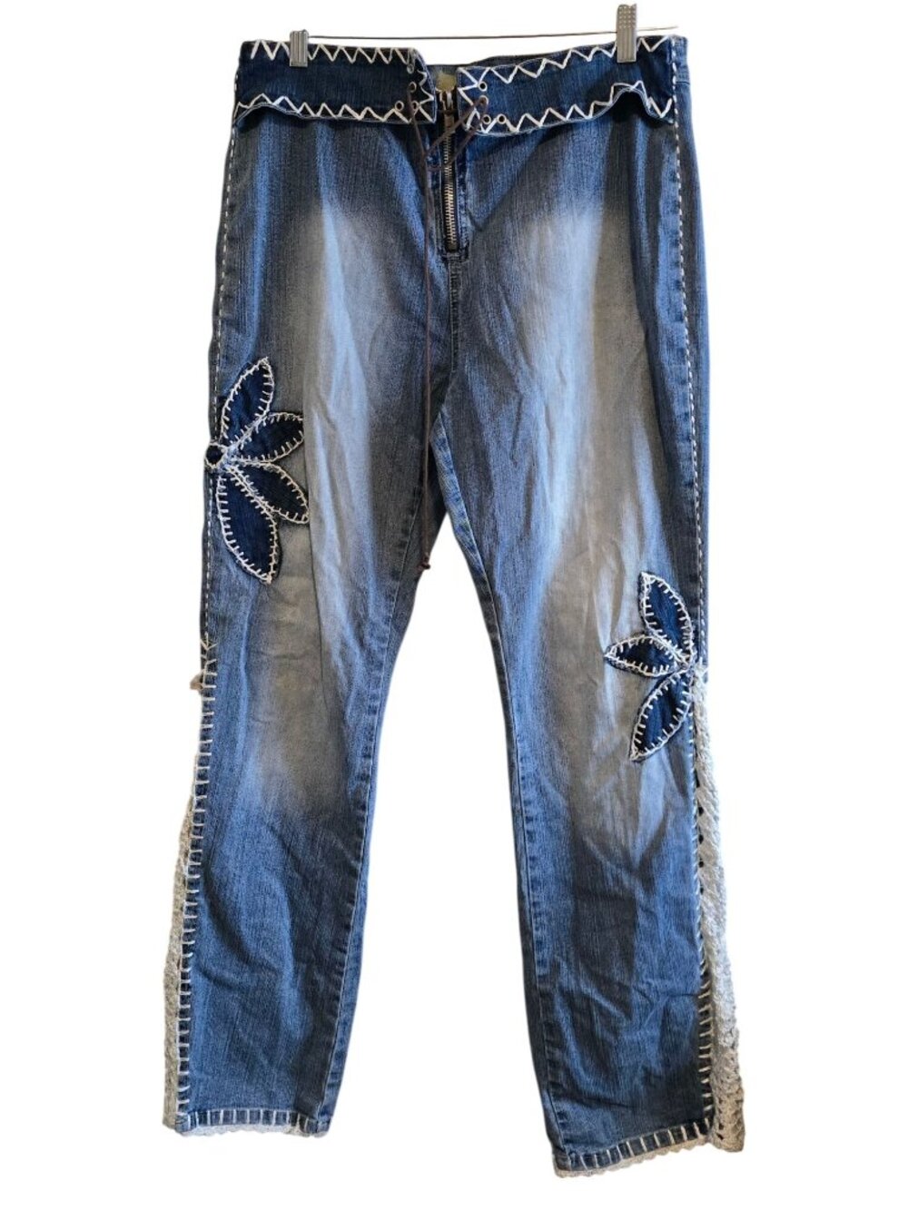 Wide Leg Elastic Waist Denim Jeans Hippie Boho Pants Crochet Trim bell bottom